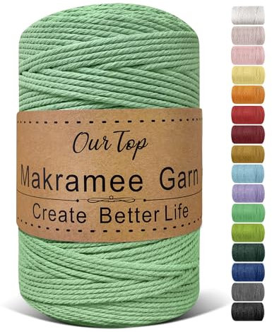 OurTop Premium Makramee Garn Hellgrün, 3mm x 300m Macrame Cord Makramee Schnur Makramee Kordel, Garn für DIY Handwerk, Weben Dekoration, Hängepflanze Pflanze Aufhänger