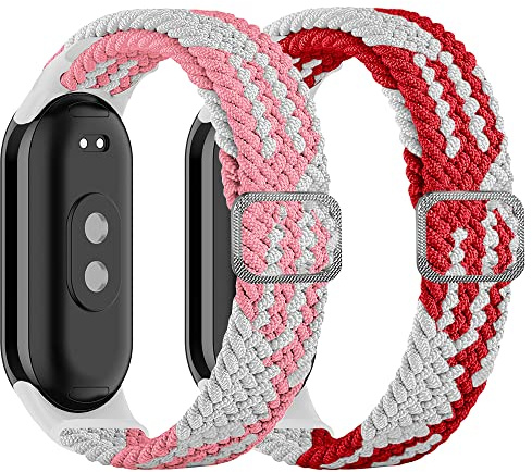 KROREN Cinturino Compatibile per Xiaomi Mi Band 8, 2 Pezzi Nylon Cinturino di Ricambio Bracciale per Xiaomi Mi Band 8 (Rosa/Rosso)
