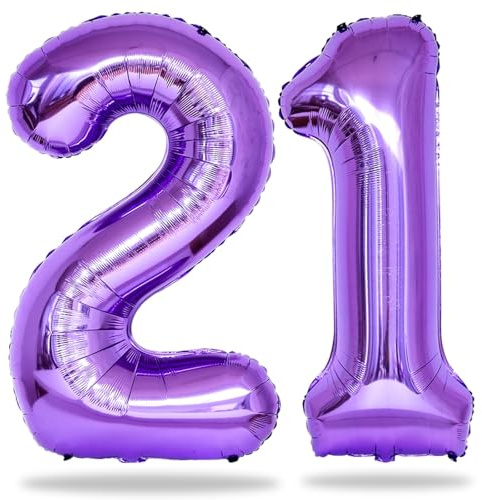 Ballons violets en forme de chiffre 21 pour elle - 101,6 cm en feuille Mylar violet en forme de chiffre 21 pour filles - ballons de fête d'anniversaire pour femmes - 12e et 21e anniversaire de mariage