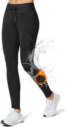 baleaf Fleece Lined Leggings Womens Waterproof High Waisted Thermal Winter Warm Hiking Ski Running Trousers with Pockets Black-27'' S
