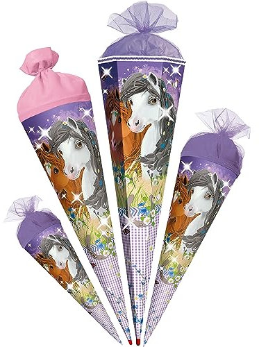 alles-meine.de GmbH Schultüte - Pferde & Blumen 35-85 cm Größe wählbar Zuckertüte - Tüllabschluß/Filzabschluß - eckig/rund - Mädchen - klein & groß - Geschenktüte - S..