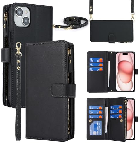 Cavor Compatible with iPhone 15 Case With Card Holder With Strap,Flip Leather Crossbody Wallet Case,[9 Card Holders][Magnetic][Lanyard],Cover Phone Case for women - Black