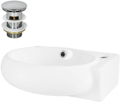 ML-Design Waschbecken Keramik, Weiß, 43x28x15 cm, Oval, klein, Hahnloch rechts, inkl. Ablaufgarnitur Silber, Wandmontage/Aufsatzwaschbecken, Moderne Waschtisch Waschschale Waschplatz Handwaschbecken