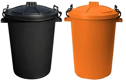 Set of Black & Orange - 50L Litre Heavy Duty Plastic Clip Lock Lid Bin Indoor or Outdoor Waste Rubbish, Animal Feed Storage Unit, Under Kitchen Counter Bins For Home/Garden/Office.
