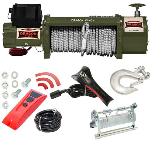 DRAGON WINCH - Elektrische Seilwinde 24V 30000 lbs / 13605 kg mit Stahlseil 30m für Feuerwehren, Nutzfahrzeugen, Lieferwagen mit kabelgebundener und kabelloser Fernbedienung | Die stärkste Seilwinde