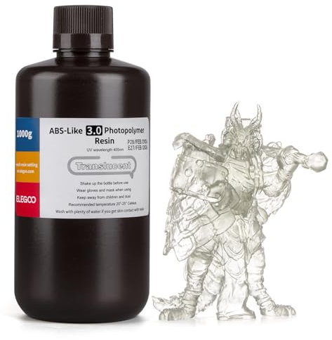 ELEGOO ABS-Like 3.0 3D Drucker Resin, 405 nm UV-härtendes Photopolymerharz für MSLA/LCD/DLP 3D Drucker, Verbesserte Festigkeit und Zähigkeit, Hohe Präzision, Niedrige Viskosität, 1000g Transluzent