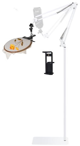 Cheloment Adjustable Embroidery Hoops Stand for Hand Work, Cross Stitch Frame with 360° Rotation, 3-in-1 Hoop/Tablet/Phone Holder Floor Stand, White