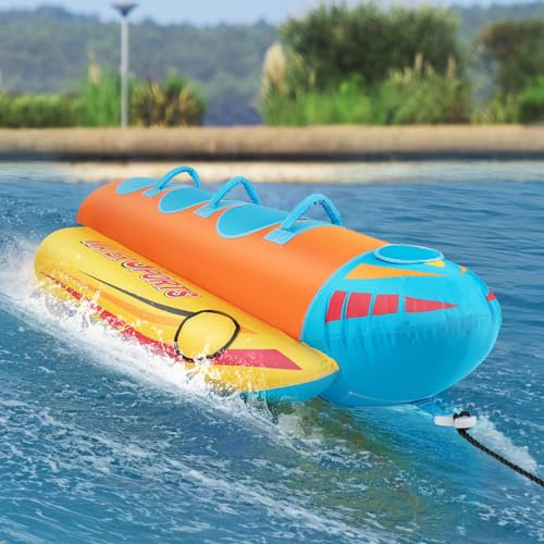 GOPLUS Bateau Banane Gonflable pour 1-3 Places, Flotteur Gonflable avec Housse Entièrement en Nylon, Capacité 231 Kg, Bouée de Loisirs Aquatiques Gonflables, Jeux d'eau Plage pour 14 Ans+