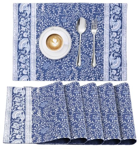 JEMIDI 6er Set Tischset mit Blumenmuster - 6 Tischsets aus Baumwolle - 6X Boho Platzdeckchen Platzset aus Stoff Floral Design - Tisch Sets Platzsets Placemats - Blau