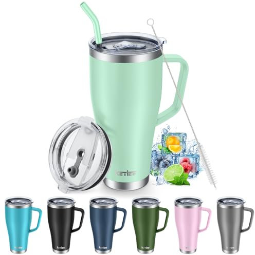 KETIEE Thermobecher mit Strohhalm 850ml-Kaffeebecher to go mit 2 Deckeln 30oz Edelstahl Isolierbecher mit Griff Autobecher Trinkbecher Tumbler Kaffeetasse für Heißer und Kalter Getränke,Mintgrün