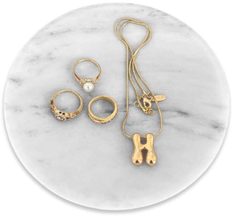 Tumbler Home Marble Jewelry Dish, Jewelry Trinket Dish for Rings Necklaces, Earrings, Accessories, Catchall Stone Tray Handmade Organizer for Vanity, Dresser, Bathroom Countertop Display, White-Round