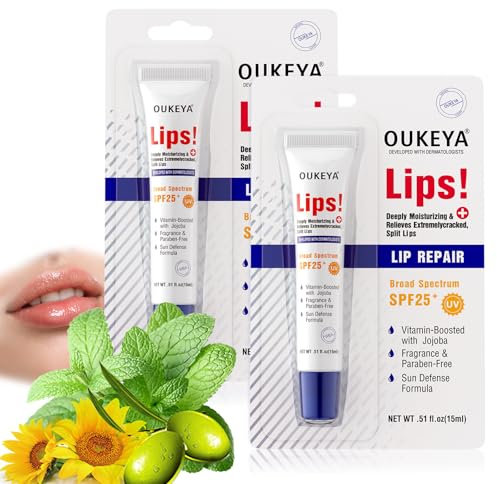 OUKEYA SUN Protect Lippenbalsam SPF25+, Breitband-Sonnenschutz UVA & UVB, Lippenpflegestift mit Sonnenblumenkernöl, Jojoba Samenöl, Minze, 24H Feuchtigkeit, Outdoor tragbar, 15ml, Pack of 2