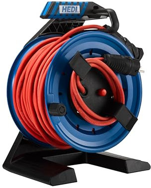 HEDI Vollkunststoff-Gerätekabeltrommel Generation 7 Companion (Kabeltrommel-ø 250 mm, 25 m Neopren-Gummi Leitung in rot, 1,5 m Anschlussleitung mit Schuko-Stecker) G7A25NTF010