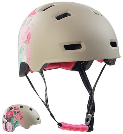 Crazy Safety Rampage Graue Blume | Fahrradhelm, Skateboardhelm, Inlinerhelm und BMX-Helm | Fahrradhelm für Männer, Frauen und Kinder | M (54-57cm) | Verstellbarer Helm für Skater und Radfahrer