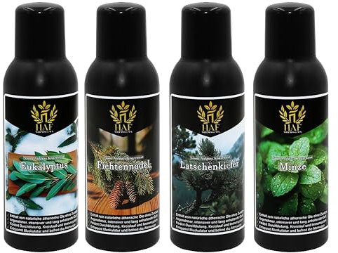 HAF Saunaaufguss Set „Waldfrische“ - 4 x 100ml Sauna Aufgussmittel Eukalyptus, Fichtennadel, Latschenkiefer, Minze - Saunaduft mit natürlichen ätherischen Ölen & ohne Zusätze