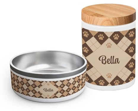 PICANOVA Set aus Futternapf & Leckerli-Dose mit Haustiernamen - Tierisch schöne Designs - Personalisierter Hundenapf & Dose aus Keramik - Perfekt Geschenk für Tierbesitzer - Checkered Paws
