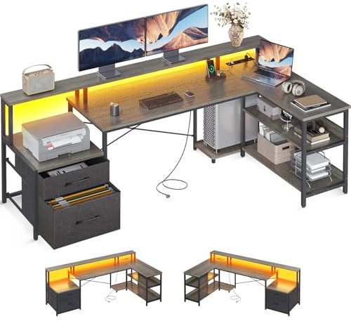 ODK Schreibtisch L Form mit Schubladen, 189.3×100cm Reversibel Schreibtisch Eckschreibtisch Groß mit LED & Steckdosenleiste, Graueiche