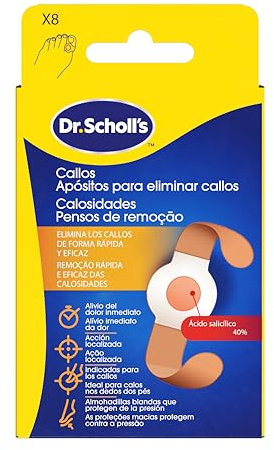 Dr. Scholl's Apósitos para eliminar callos x8 eliminador rápido y eficaz de callos en los pies, alivio inmediato del dolor, acción específica con ácido salicílico, almohadillas resistentes al lavado
