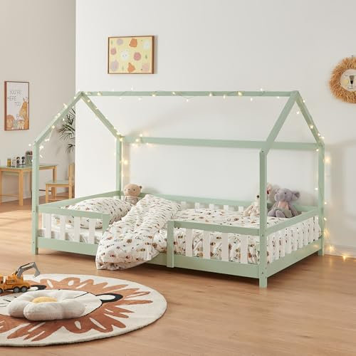 [en.casa] Kinderbett Sisimiut Hausbett Montessori 140 x 200 cm mit Rausfallschutz Holzbett für Kinder Bodenbett Lattenrost Kiefernholz Mintgrün/Weiß
