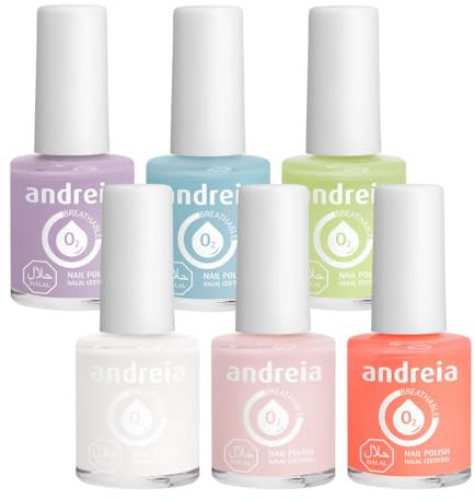 Andreia Halal Breathable Nail Polish Collection - Water Steam Permeable Glossy Nail Polish Vegan & Cruelty-Free - 6 Pastel Colours Set - 63ml