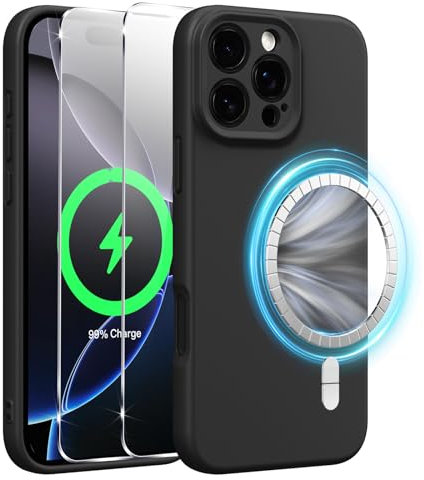 Xiltlly Cover Magnetica in Silicone Liquido per iPhone 16 Pro 6,3 Pollici con 2 Pezzi Vetro Temperato, Compatible con MagSafe Magneti Integrati, Custodia Antiurto AntiGraffio per iPhone 16 Pro, Nero