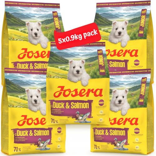 JOSERA Mini Ente & Lachs | 5X 900 g | Trockenfutter für kleine Junge Hunde | Junior | Glutenfreies Premiumfutter zur optimalen Entwicklung von Welpen bis 10 kg ab der 6. Woche | extra kleine Kroketten