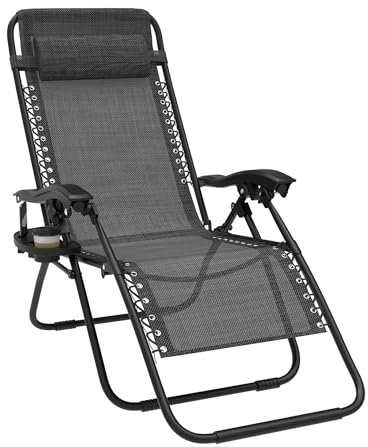 AufuN Klappbarer Liegestuhl, Sonnenliege Gartenliege Gartenstuhl Relaxliege Verstellbar Rückenlehne mit Getränkehalter & Kissen, Verstellbarer Rückenlehne, für Outdoor Garten Terrasse, Schwarz