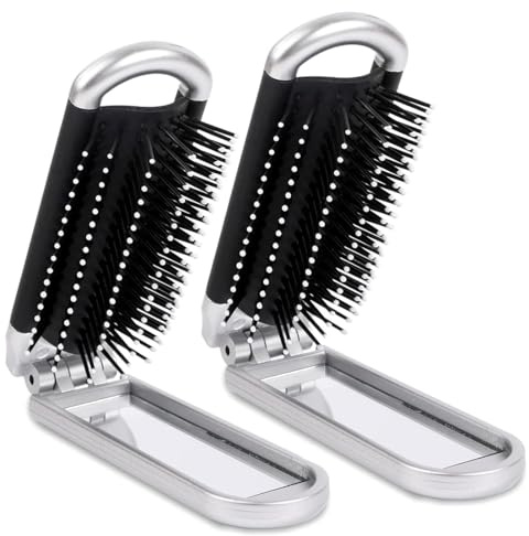 Lot de 2 Brosse à Cheveux de Voyage Avec Miroir Pliable,Mini Brosse de Voyage,Peigne de Massage Compact, pour Voyage Rencontres Salle Sport Facile À Transporter Dans Un Sac pour Femme, Argent
