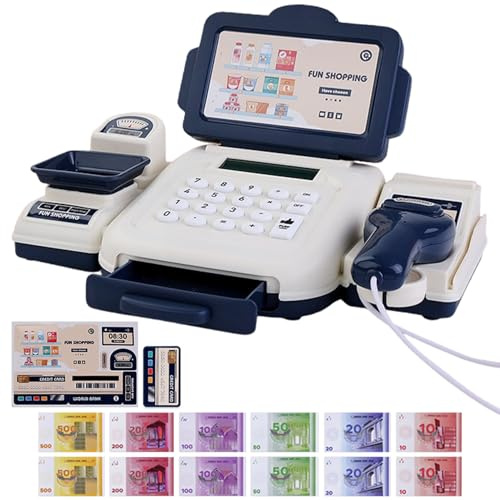 Jouet jusqu'à la caisse enregistreuse avec scanner, fonction de calculatrice à la caisse enregistreuse des enfants avec une carte de crédit monétaire, shopping en éducation jusqu' des jouets rôle