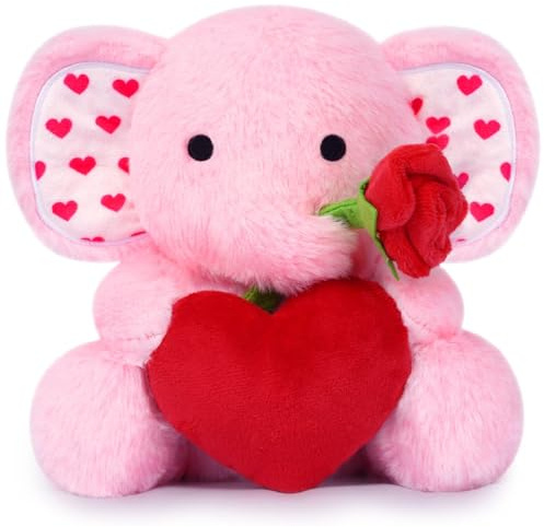 MUFEIRUO Rosa Plüschtier Elefant mit rotem Herz und Rose, kuscheliges Plüschtier für Kinder & Frauen, Geschenk für Valentinstag