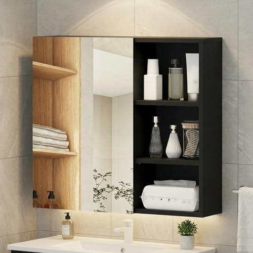 65x17x65cm-5 Shelves Bathroom Mirror Cabinet,Wall Mounted Bathroom Cabinet | Single Door Bathroom Cabinet with Mirror,Wooden Bathroom Storage Unit with Adjustable Shelf,3 Open Compartment,Modern,Black
