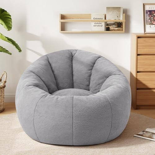 MeMoreCool Large Bean Bag Chair for Adults, Plush Round Sofa, Grey | Plush Giant Bean Bag Sofa With Shredded Foam Filling, Comfy Floor Lounge Couch For Reading, Relaxing and Bedroom, 110x70cm