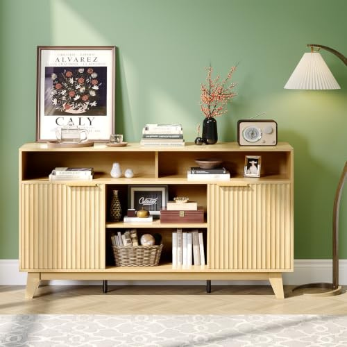Bonnlo Tall TV Stand Cabinet with Extra Shelf, TV Units for Living Room - 147cm High Wooden TV Stand with Grille Doors & Adjustable Shelves, Oak Finish Media Console for TVs up to 70 inch