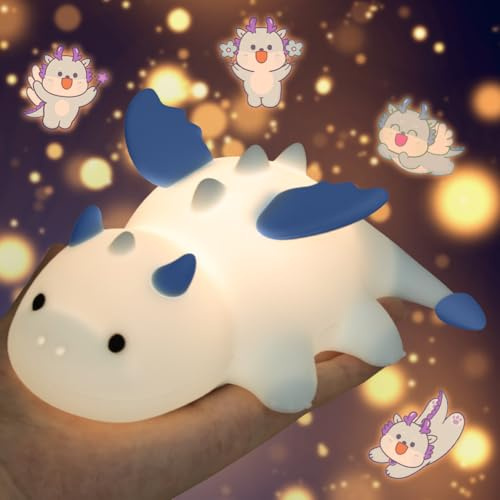 AUAUY Drachen Nachtlicht, Silikon, USB, 7 Farben, Timer, Magnetisch, Blau | 1200mAh Nachtlicht, 3 Farbtemperaturen, Magnetisch Nachtlampe, Touch, für Kinderzimmer Deko, Schreibtisch Deko, Geschenk