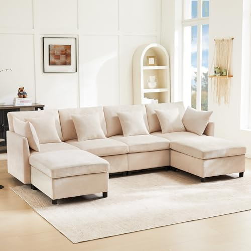 Yihomfy Canapé d'angle Moderne en U/L,avec Repose-Pieds Amovible,6 Coussin,Canapé 6 Places en Chenille, Canapé modulable, Canape de Salon,canapé modulaire Cloud,Beige