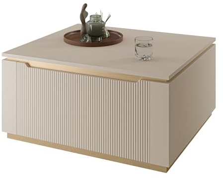 Mirjan24 Couchtisch Hilafin 2K, Kaffeetisch mit 2 Klapptüren, gedämpftem Schließsystem, Goldene Akzente, Sofatisch, Wohnzimmertisch, Praktischer Teetisch (Sandbeige + Gold)