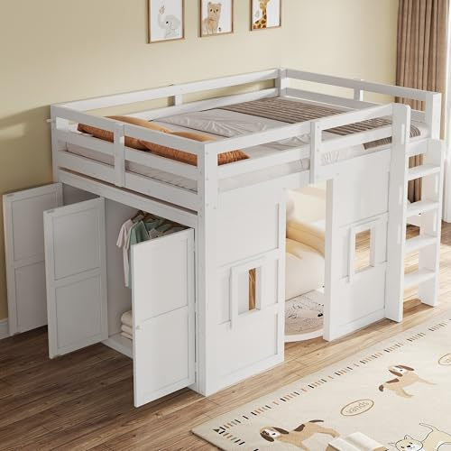 BTM Holz Hochbett 140x200 mit Kleiderschrank Hochbett Jugendliche mit LED-Beleuchtung, 2 Fenstern, Weiß
