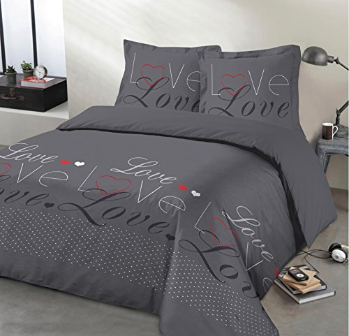 Vision - Parure de lit Love Anthracite - Set de Housse de Couette 260x240 cm avec 2 taies d'oreiller pour lit Kingsize 2 Personnes - 100% Coton