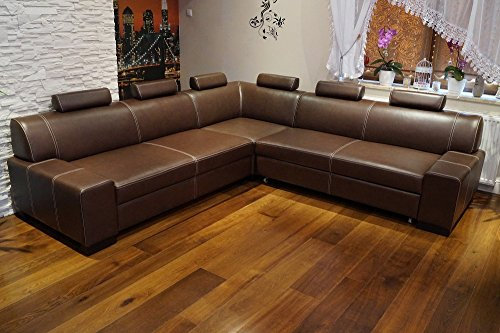 Quattro Meble Ecksofa London I RE 6z 262 x 262 Dunkelbraun Echtleder mit Ziernaht Sofa Couch mit Schlaffunktion, Bettkasten und Kopfstützen Echt Leder Eck Couch große Farbauswahl