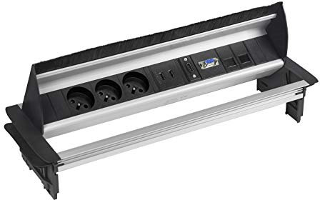 Elbe Inno Prise encastrable Plan de Travail 3 Prises Norme française 2 USB 2 RJ45 HDMI VGA avec Brosse à poussière à la Bloc Prise escamotable Prise pour Plan de Travail Multiprise encastrable