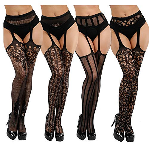 DRESHOW 4 Paia Donna Sexy Moda Elastico Vita Alta Collant Calze a Rete Coscia Alta Calze Collant