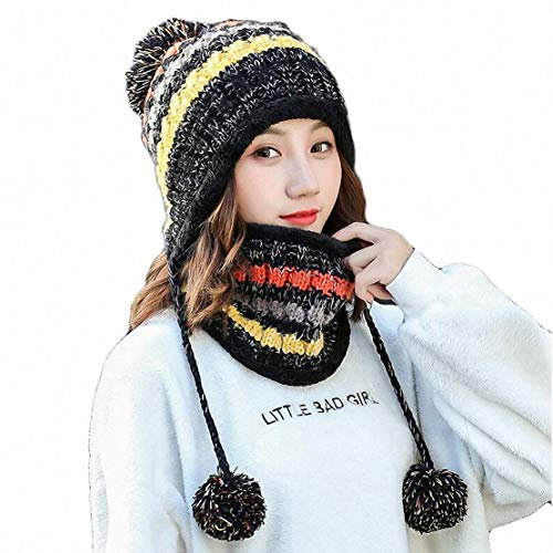 Frauen Strickmütze Schal Set Winter Warm Verdicken Häkeln Bobble Pom Pom Mütze Hut Cap Outdoor Ski Snowboard Cycle Bobble Säumen Hüte mit Fleece-Futter für Damen Mädchen Indoor und Outdoor