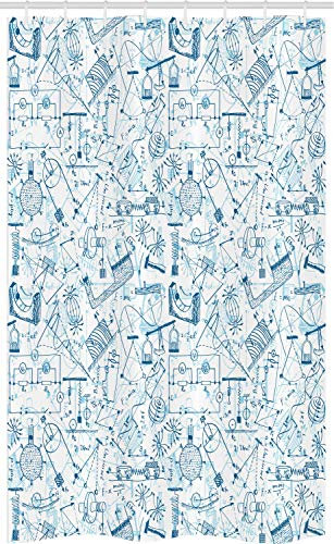 ABAKUHAUS Gekritzel Schmaler Duschvorhang, Physik Themen Zeichnung, Badezimmer Deko Set aus Stoff mit Haken, 120 x 180 cm, Blau Hellblau
