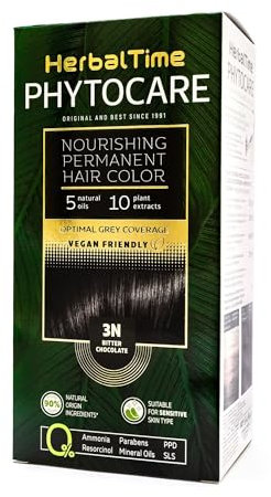 Herbal Time Phytocare Tinte Permanente para el Cabello Color Chocolate Negro 3N | Kit Tinte Natural Pelo Profesional | Nutre y Protege Tu Cabello | Sin Amoníaco, PPD y SLS | 124.5 ml