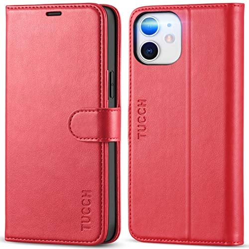 TUCCH Hülle für iPhone 12 Pro, Stoßfeste Handyhülle, [Verdicktes TPU] Case [Kartenfach] [Standfunktion] Lederhülle, Schutzhülle für iPhone 12/12 Pro (6,1 Zoll) Rot