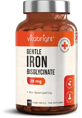 Iron Tablets High Strength Ferrous Bisglycinate 28mg | 180 Tablets, 3–6 Month Supply | Gentle Iron Supplement for Women & Men | Vegan | VitaBright