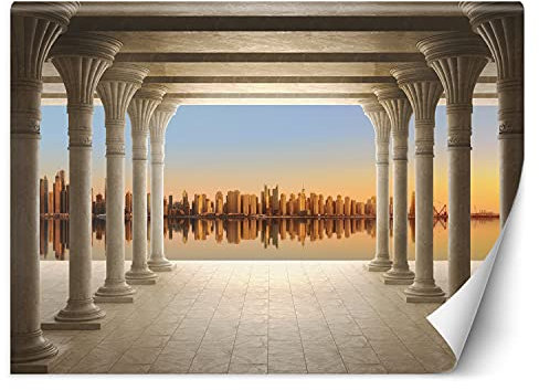 Feeby Papier Peint Intisse Graphique Colonnade Gratte-Ciel 400x280 cm orange Déco Murale Trompe L' Oeil Tapisserie Moderne Salon Chambrea' Coucherr Salle De Bain Cuisine Illusion De Profondeur