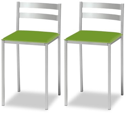 ASTIMESA 2 Taburetes de Cocina con Respaldo bajo, Franjas horizontales y Asiento tapizado - Estructura Color Aluminio - Asiento en Polipiel Verde