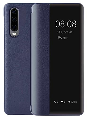 Huawei P30 Hülle,Luxus PU Leder Handyhülle, Smart View Flip Cover Schutzhülle [Intelligente Wake up-/Sleep](P30,Blau)