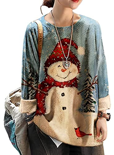 YESNO Women Long Sleeve Jumpers Oversized Graphic Knitted Sweater Crew Neck Loose Vintage Pullover Sweater Tops (M S01UK CR121)